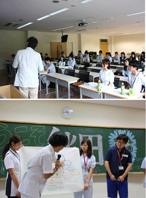 （写真上） 1日目、日本赤十字秋田看護大学の齋藤和樹准教授による講義（写真下）齋藤和樹准教授による講義後のグループワーク発表