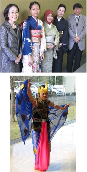 写真上: 着物の着付け体験 写真下: ウィ・ウィンさんによる民族舞踊「孔雀の舞」