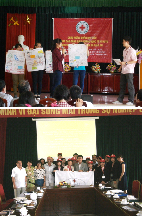 （写真上：地域の人々に計画を発表する両国の学生） （写真下：ベトナム赤十字社表敬訪問の様子）